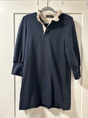 Pomander Place Navy Dress with Cream Ruffle Collar